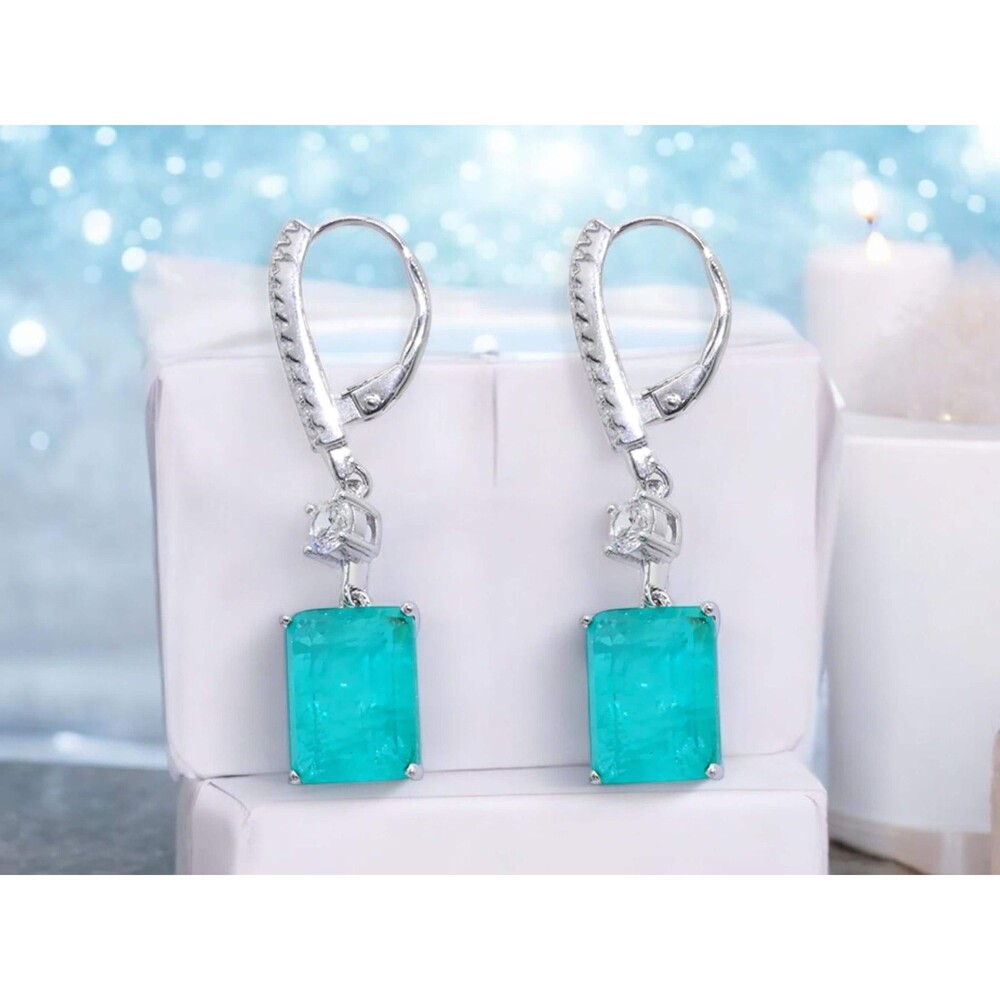 Paraiba Blue Earrings, Geometric Dangle Square Hoop Design